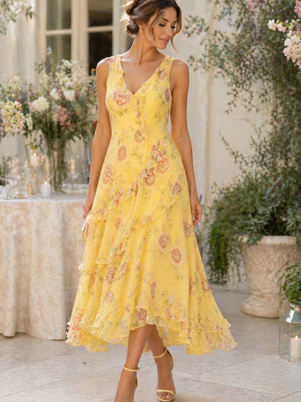 ECI NY🌻SILK 100%, SOFT Yellow(NOT BRIGHT) Floral FLOWY Ruffle Midi Dress Sz 8
